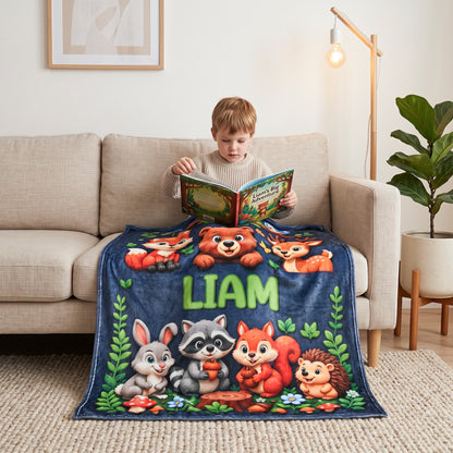 Personalized Cute Woodland Animal Truck Fantasy Cartoon Theme Design Soft Throw Blanket with Name Room Decor Daily Use Birthday Gift for Kids