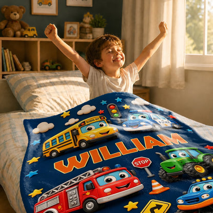 Personalized Cute Woodland Animal Truck Fantasy Cartoon Theme Design Soft Throw Blanket with Name Room Decor Daily Use Birthday Gift for Kids