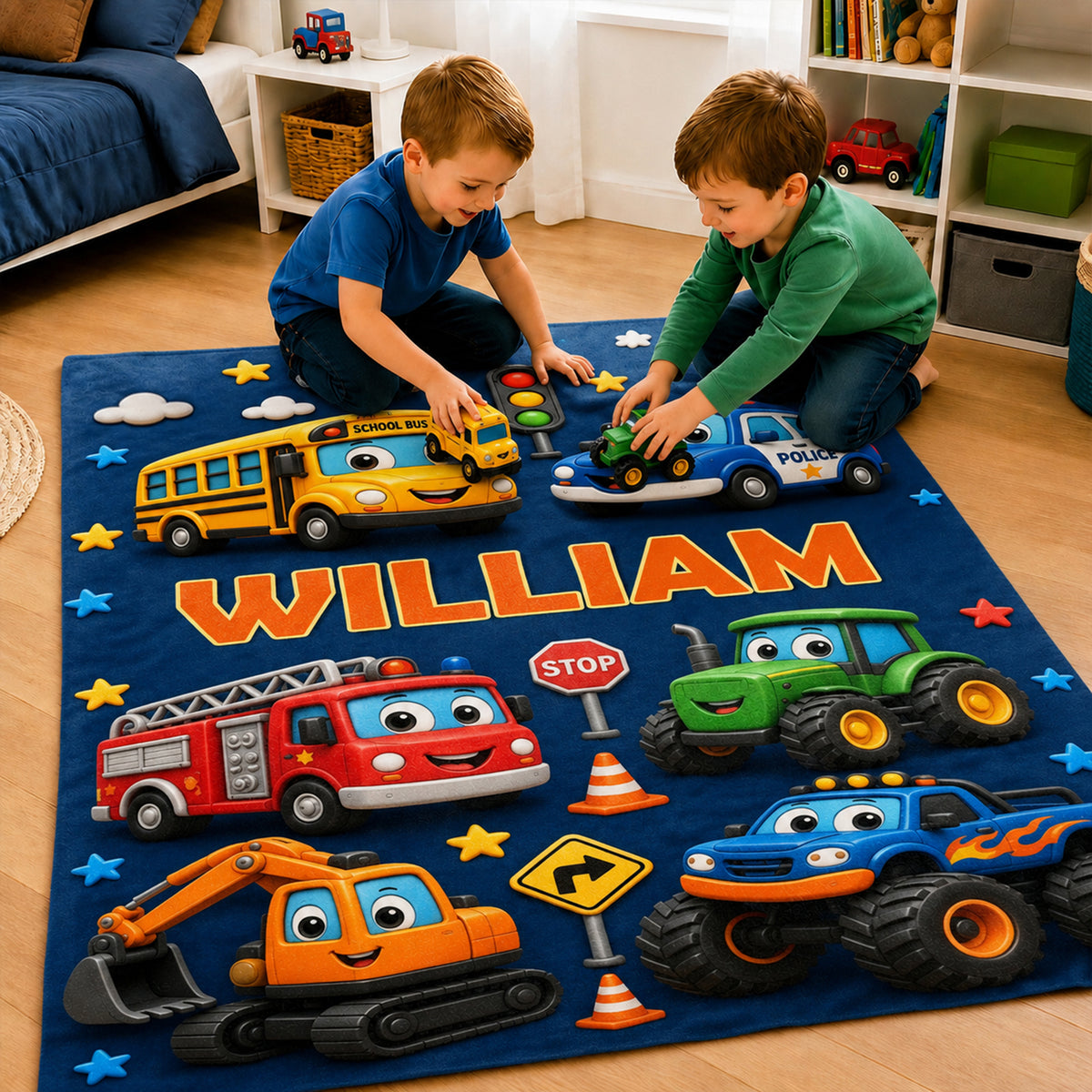 Personalized Cute Woodland Animal Truck Fantasy Cartoon Theme Design Soft Throw Blanket with Name Room Decor Daily Use Birthday Gift for Kids