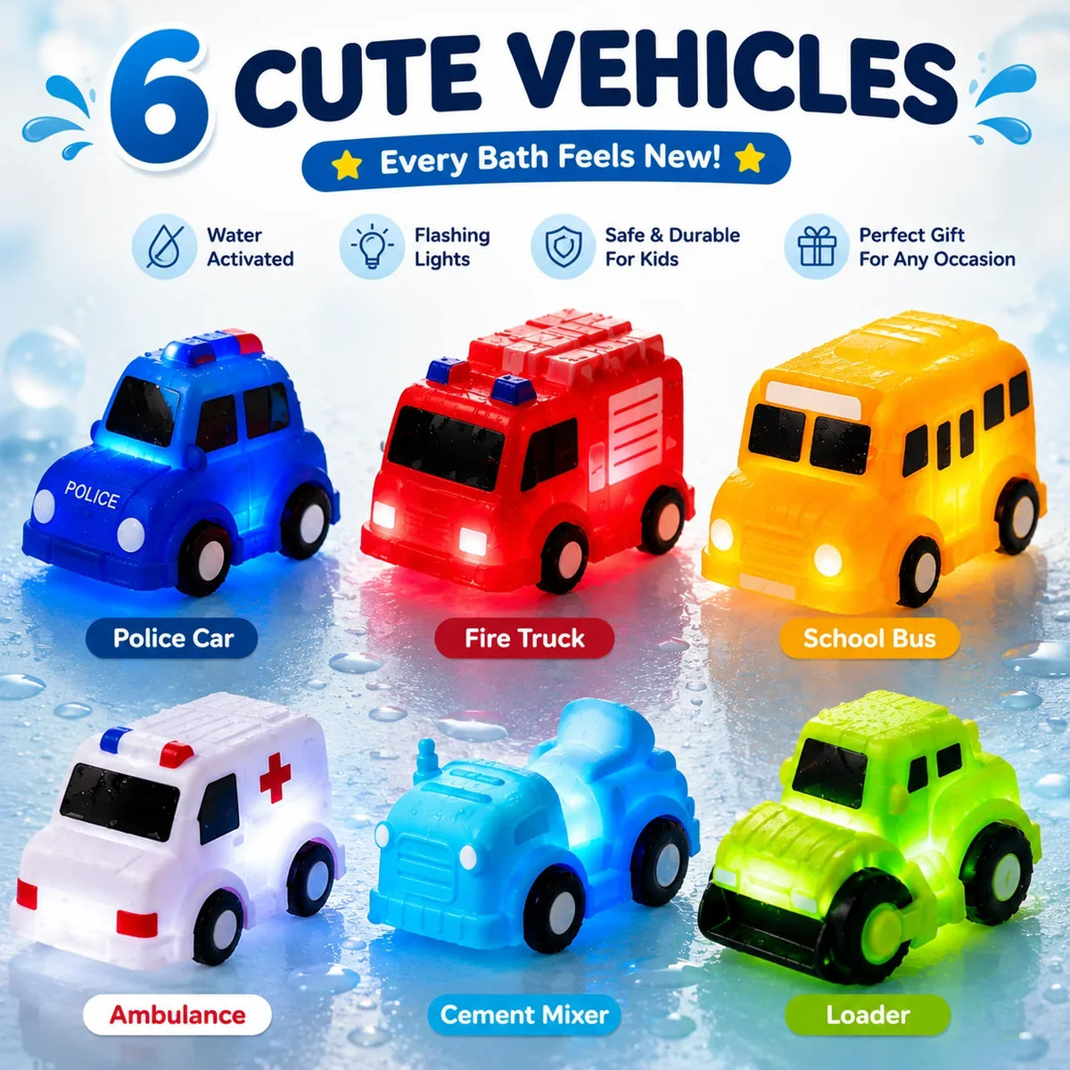 Vehicle-Ready 6PCS Water-Activated Light-Up Bath Toy Cars – Traffic &