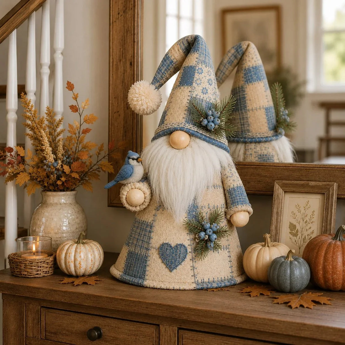Warm-Lit Patchwork Birds and Gnomes for Seasonal Display