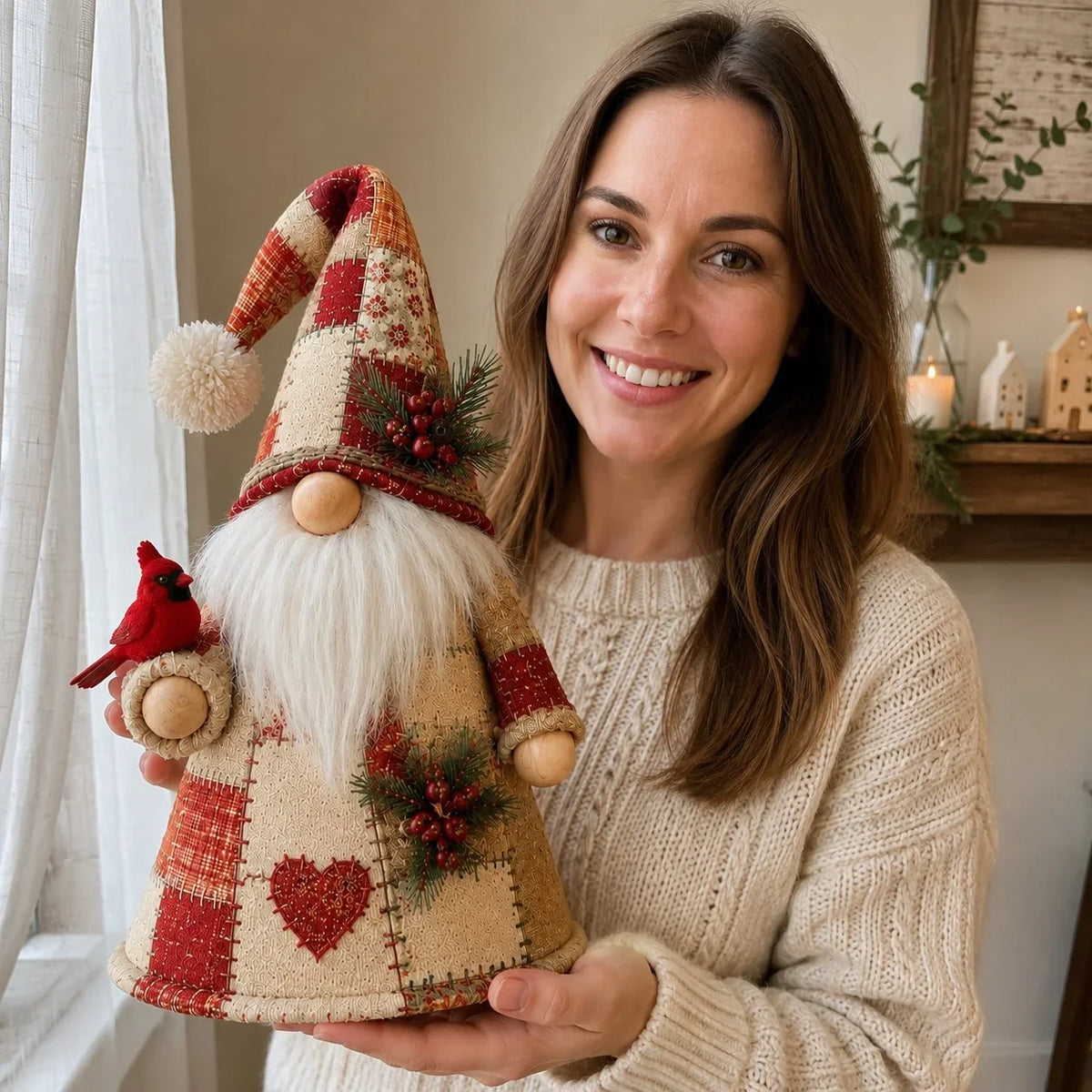 Warm-Lit Patchwork Birds and Gnomes for Seasonal Display
