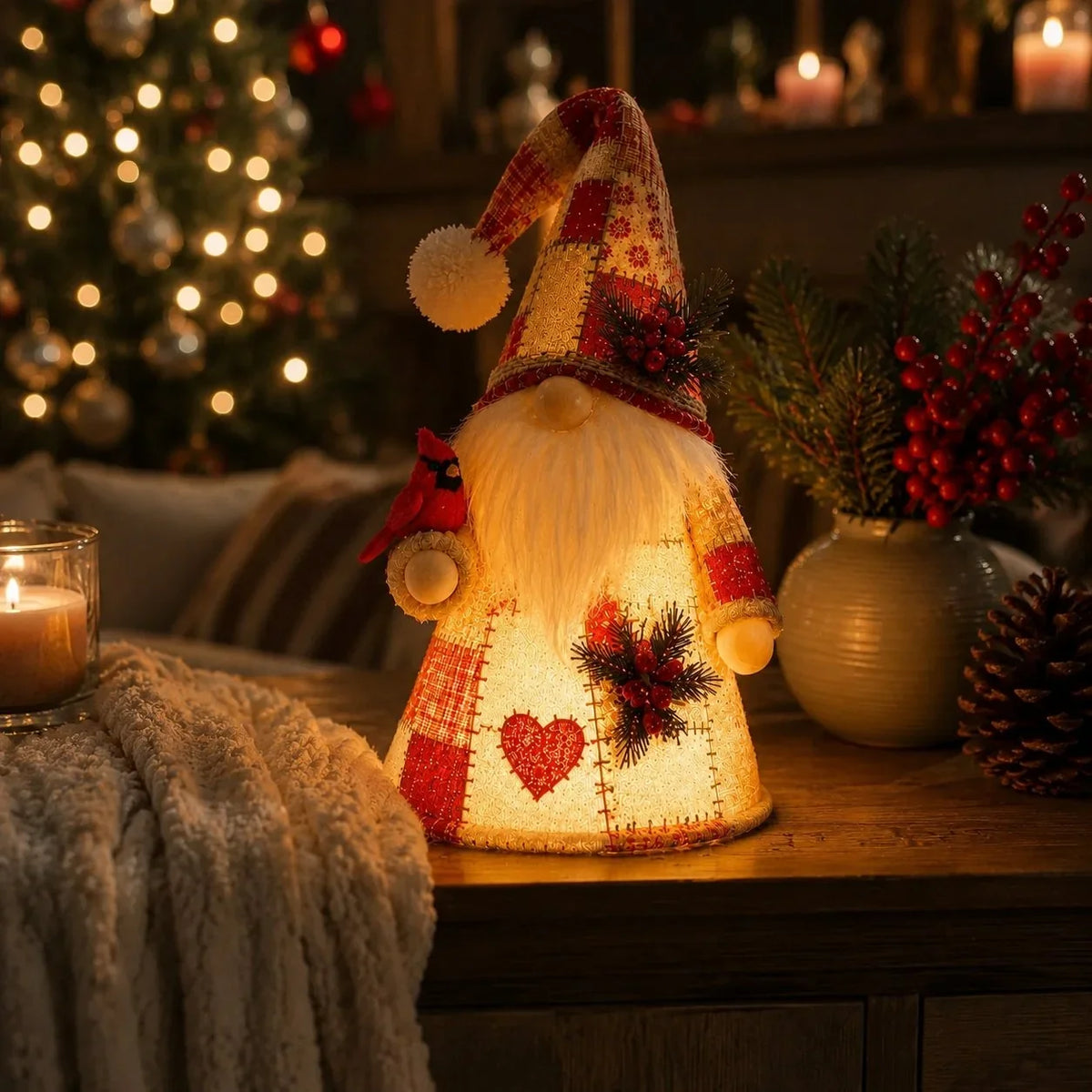 Warm-Lit Patchwork Birds and Gnomes for Seasonal Display