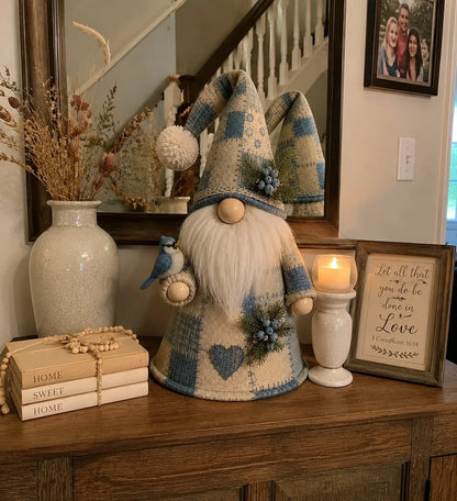 Warm-Lit Patchwork Birds and Gnomes for Seasonal Display