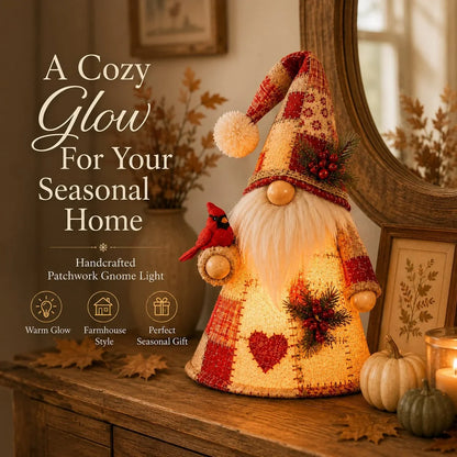 Warm-Lit Patchwork Birds and Gnomes for Seasonal Display