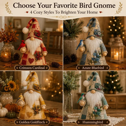 Warm-Lit Patchwork Birds and Gnomes for Seasonal Display