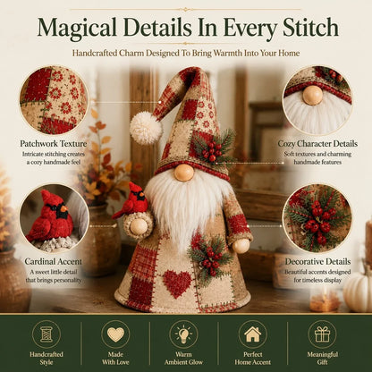 Warm-Lit Patchwork Birds and Gnomes for Seasonal Display