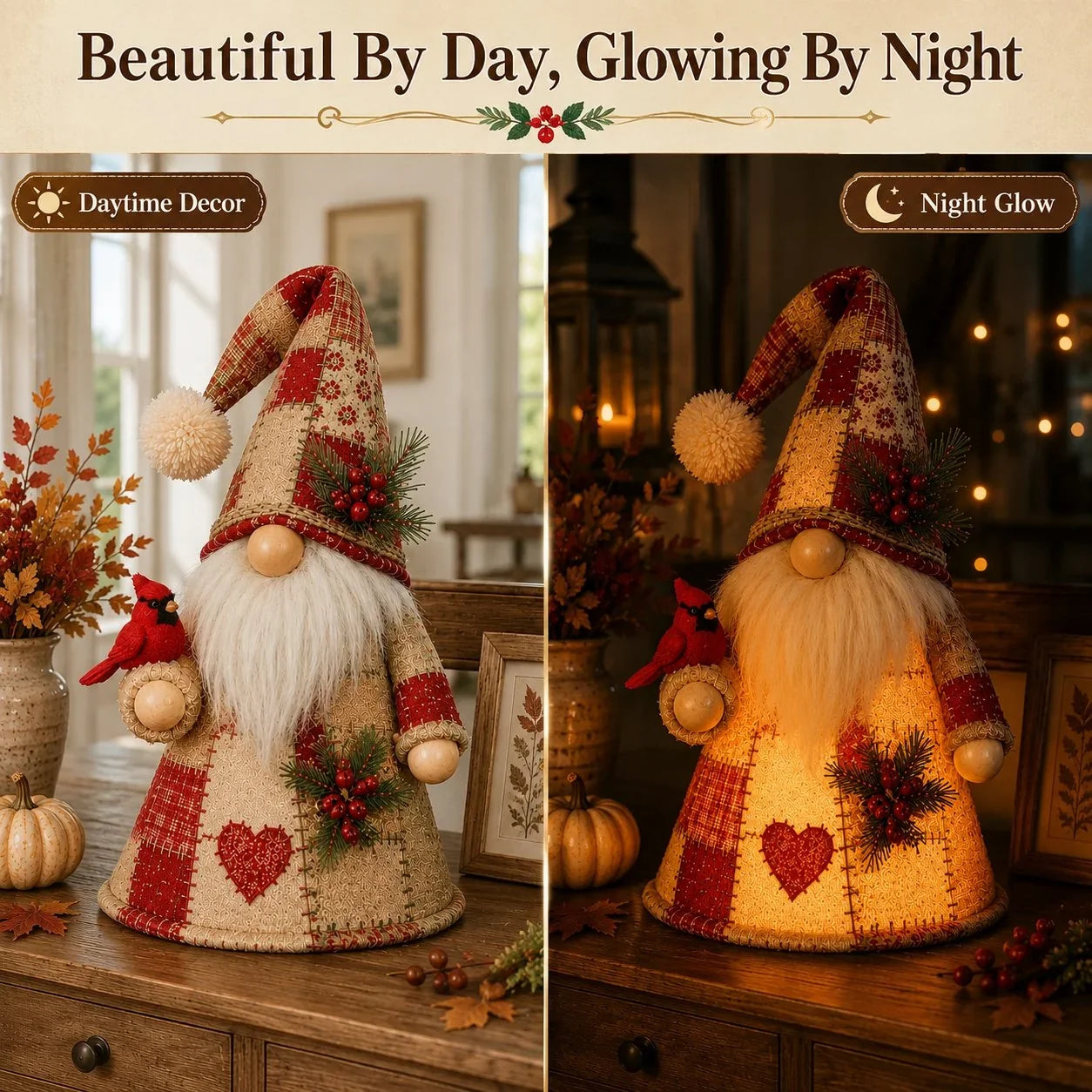 Warm-Lit Patchwork Birds and Gnomes for Seasonal Display