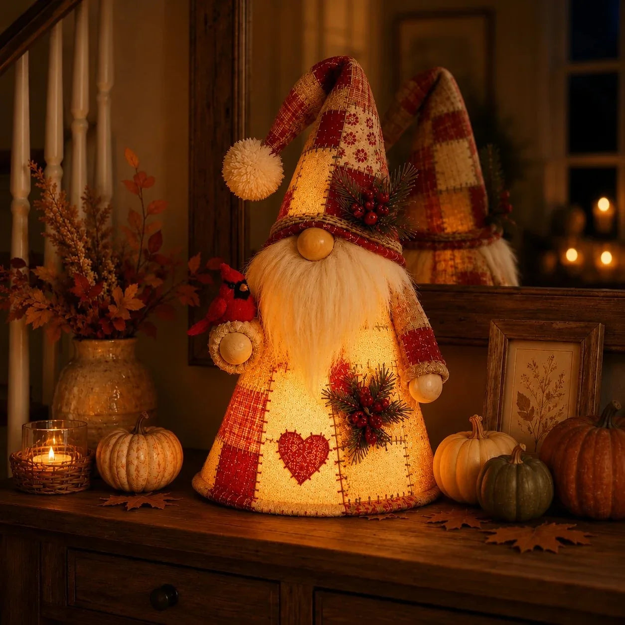 Warm-Lit Patchwork Birds and Gnomes for Seasonal Display