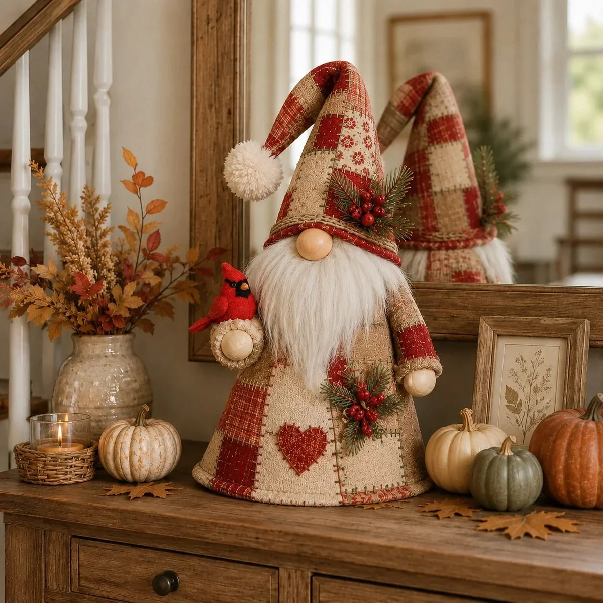 Warm-Lit Patchwork Birds and Gnomes for Seasonal Display