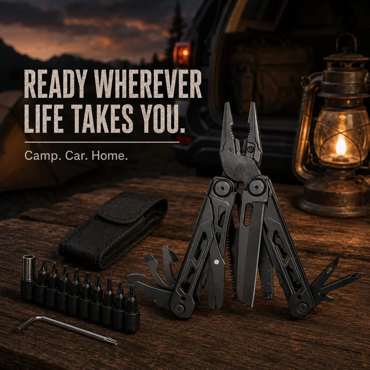 Vehicle-Ready 16-in-1 Camping Multi-Tool with Full-Size Scissors &