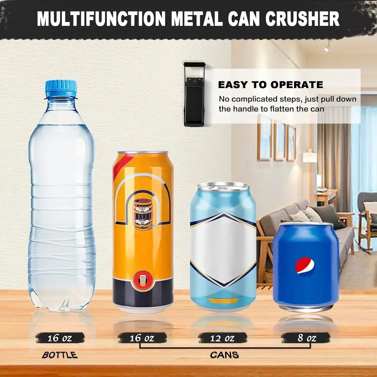 Purpose-Built 16 oz Metal Can Crusher, Heavy-Duty Wall-Mounted