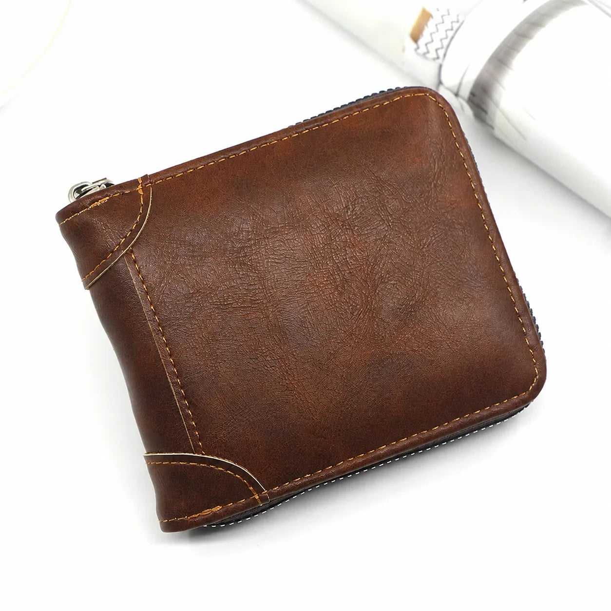 Vehicle-Ready Men Retro PU Leather Zip Wallet, Bifold Card Coin