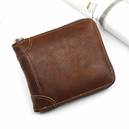 Vehicle-Ready Men Retro PU Leather Zip Wallet, Bifold Card Coin