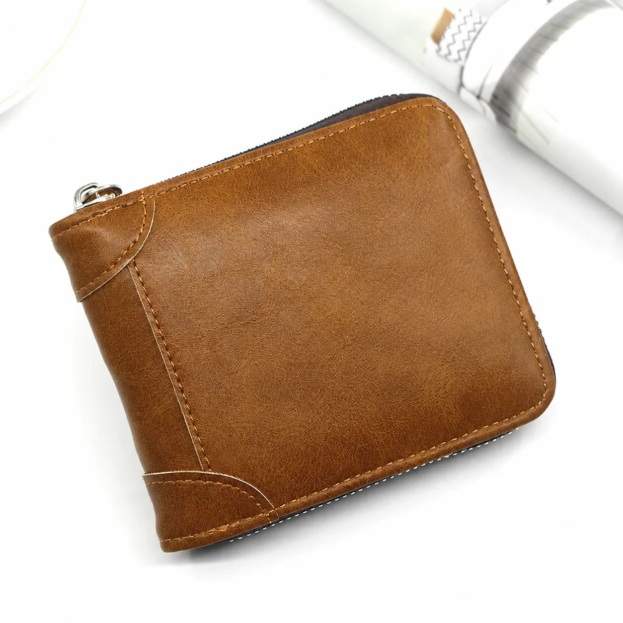 Vehicle-Ready Men Retro PU Leather Zip Wallet, Bifold Card Coin