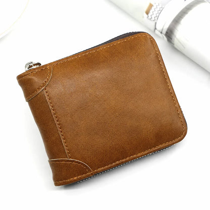 Vehicle-Ready Men Retro PU Leather Zip Wallet, Bifold Card Coin