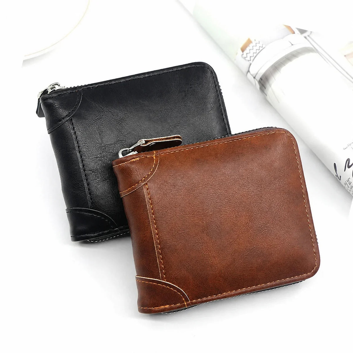 Vehicle-Ready Men Retro PU Leather Zip Wallet, Bifold Card Coin