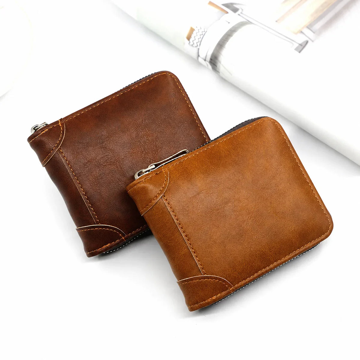 Vehicle-Ready Men Retro PU Leather Zip Wallet, Bifold Card Coin