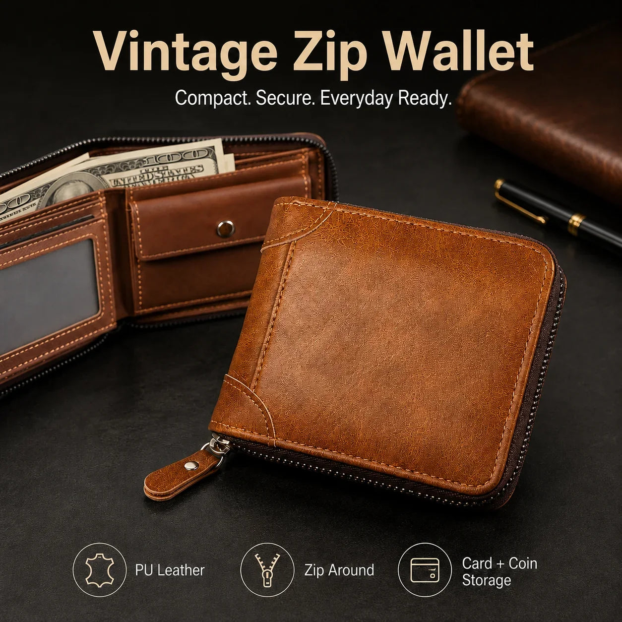 Vehicle-Ready Men Retro PU Leather Zip Wallet, Bifold Card Coin