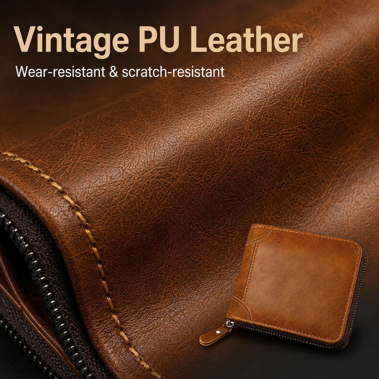 Vehicle-Ready Men Retro PU Leather Zip Wallet, Bifold Card Coin