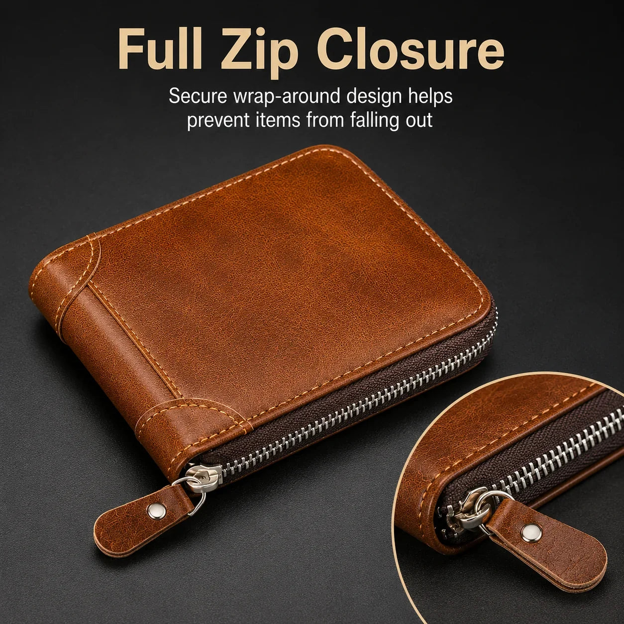 Vehicle-Ready Men Retro PU Leather Zip Wallet, Bifold Card Coin