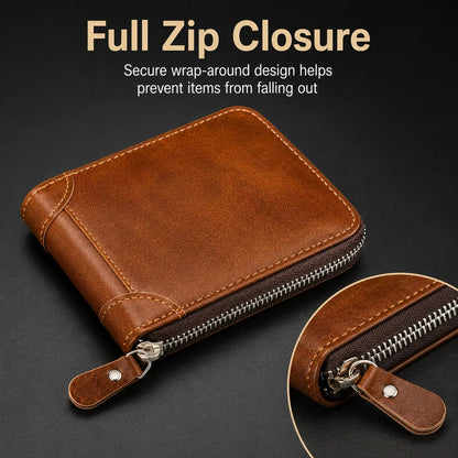 Vehicle-Ready Men Retro PU Leather Zip Wallet, Bifold Card Coin