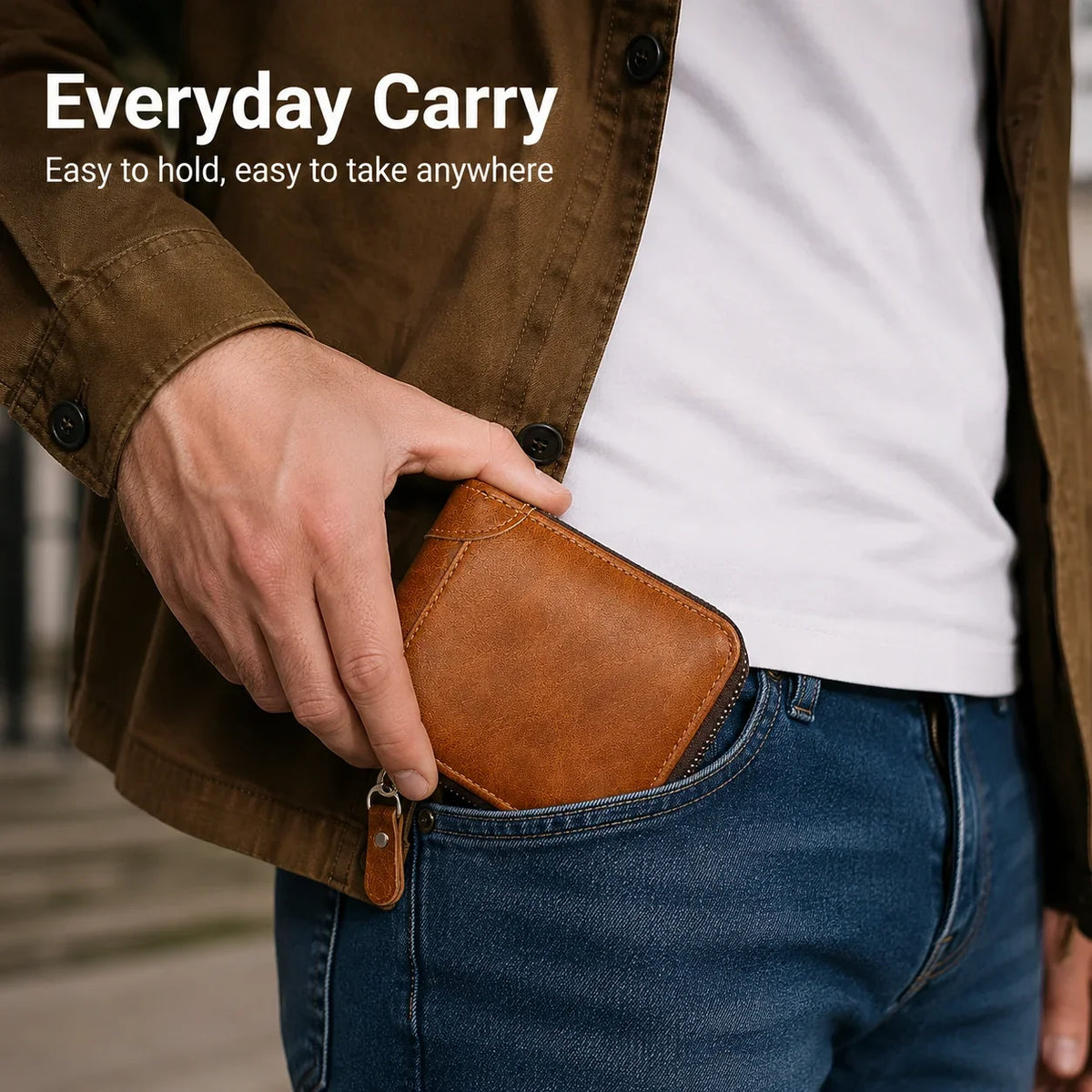 Vehicle-Ready Men Retro PU Leather Zip Wallet, Bifold Card Coin