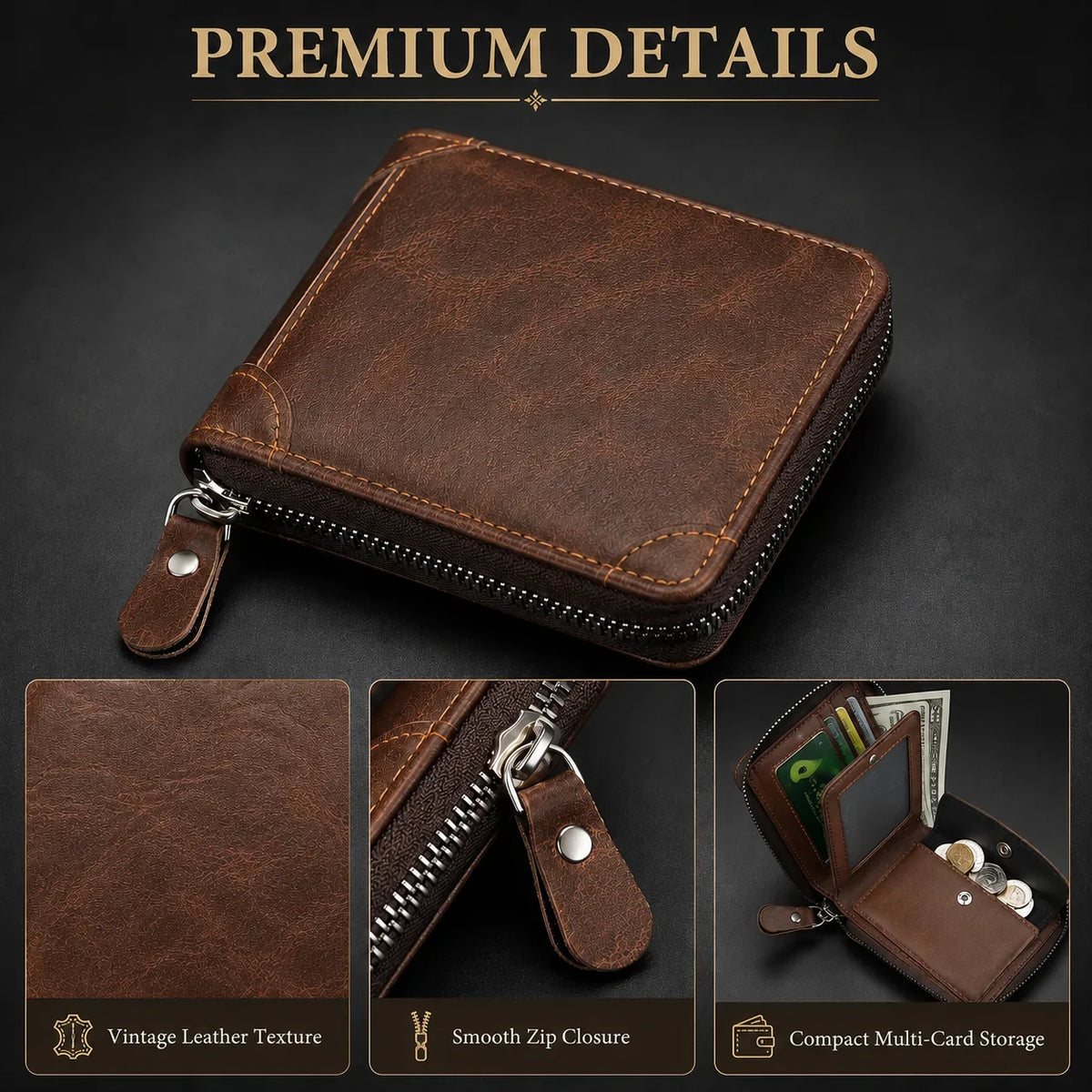 Vehicle-Ready Men Retro PU Leather Zip Wallet, Bifold Card Coin