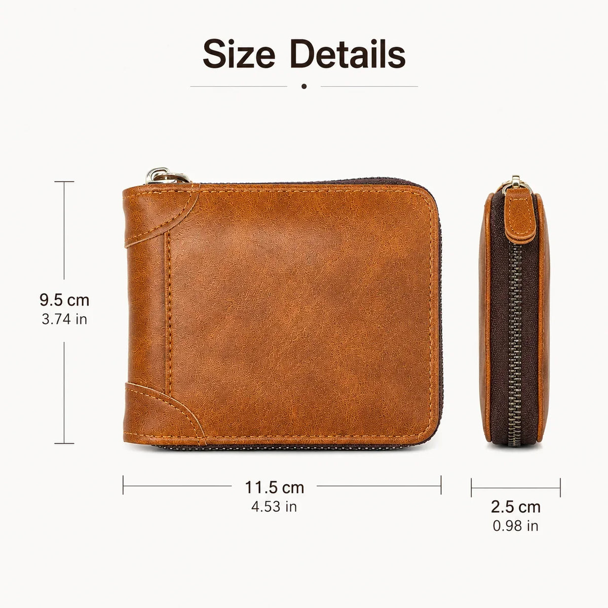 Vehicle-Ready Men Retro PU Leather Zip Wallet, Bifold Card Coin