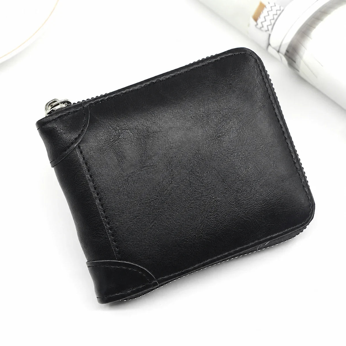 Vehicle-Ready Men Retro PU Leather Zip Wallet, Bifold Card Coin