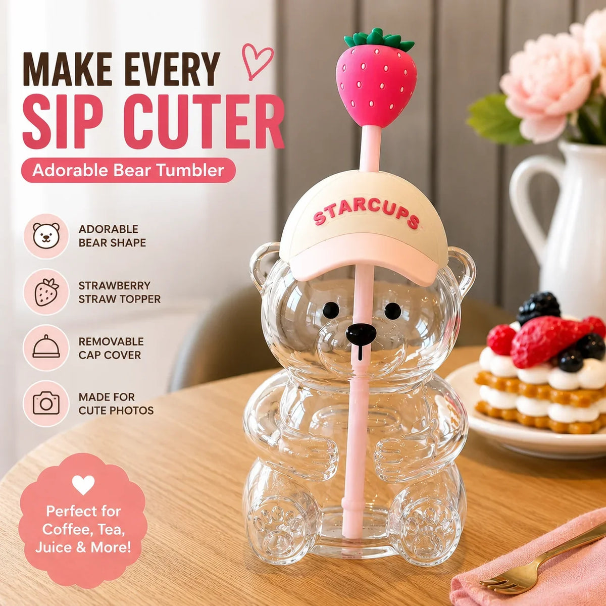 Purpose-Built New Cute Beaar Glass Tumbler with Bear Lid & Strawberry