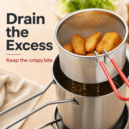 Compact Frying Pot Set with Basket and Food Tongs