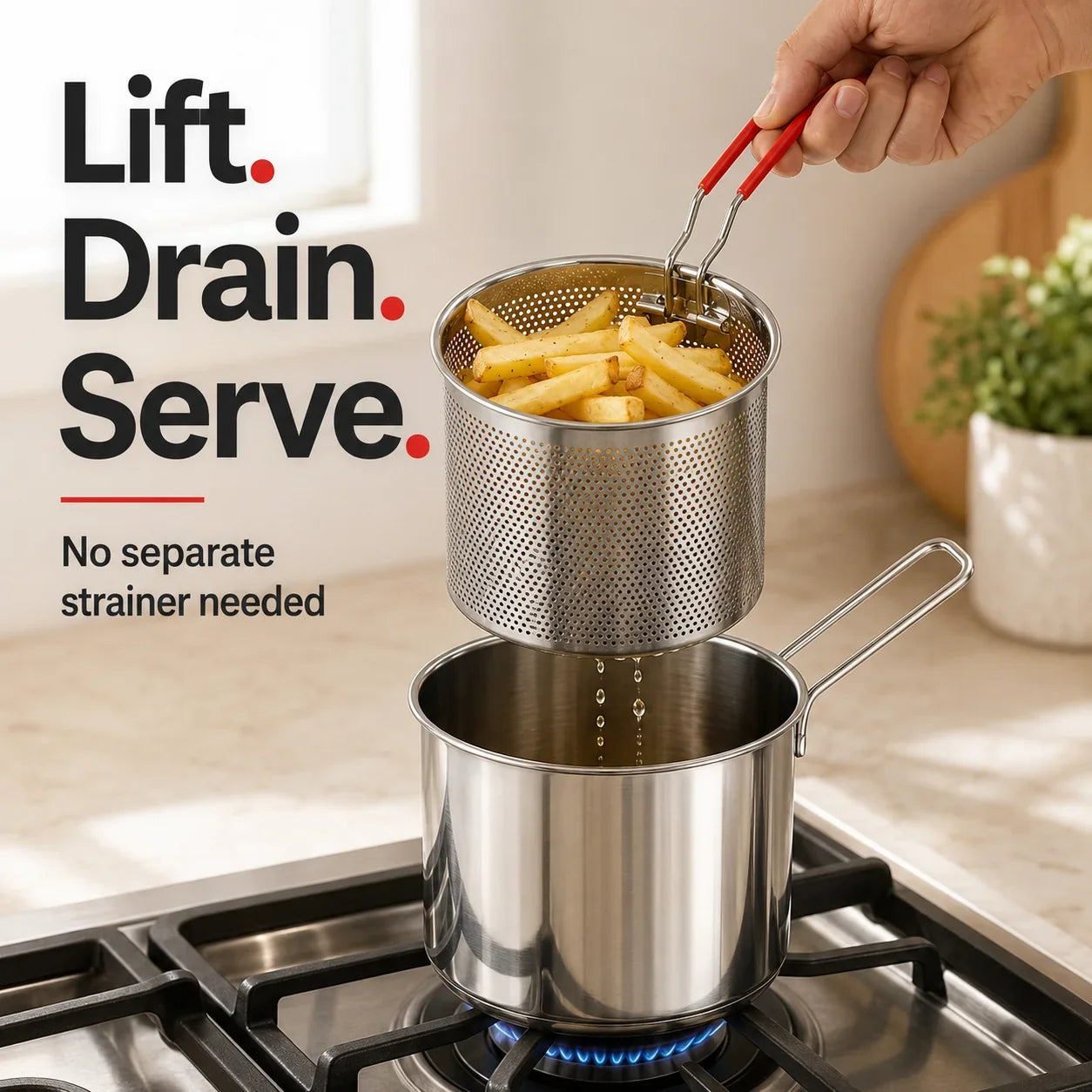 Compact Frying Pot Set with Basket and Food Tongs