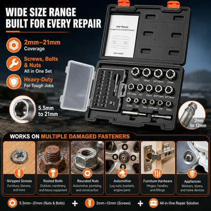 Hands-On 39-Piece Damaged Screw Extractor Set with 3/8" Drive Bolt