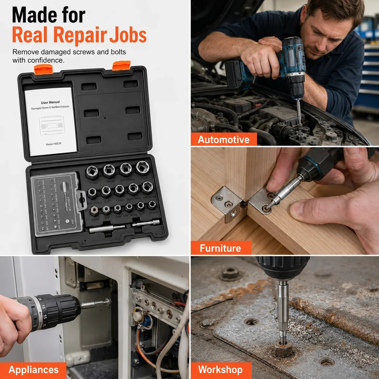 Hands-On 39-Piece Damaged Screw Extractor Set with 3/8" Drive Bolt