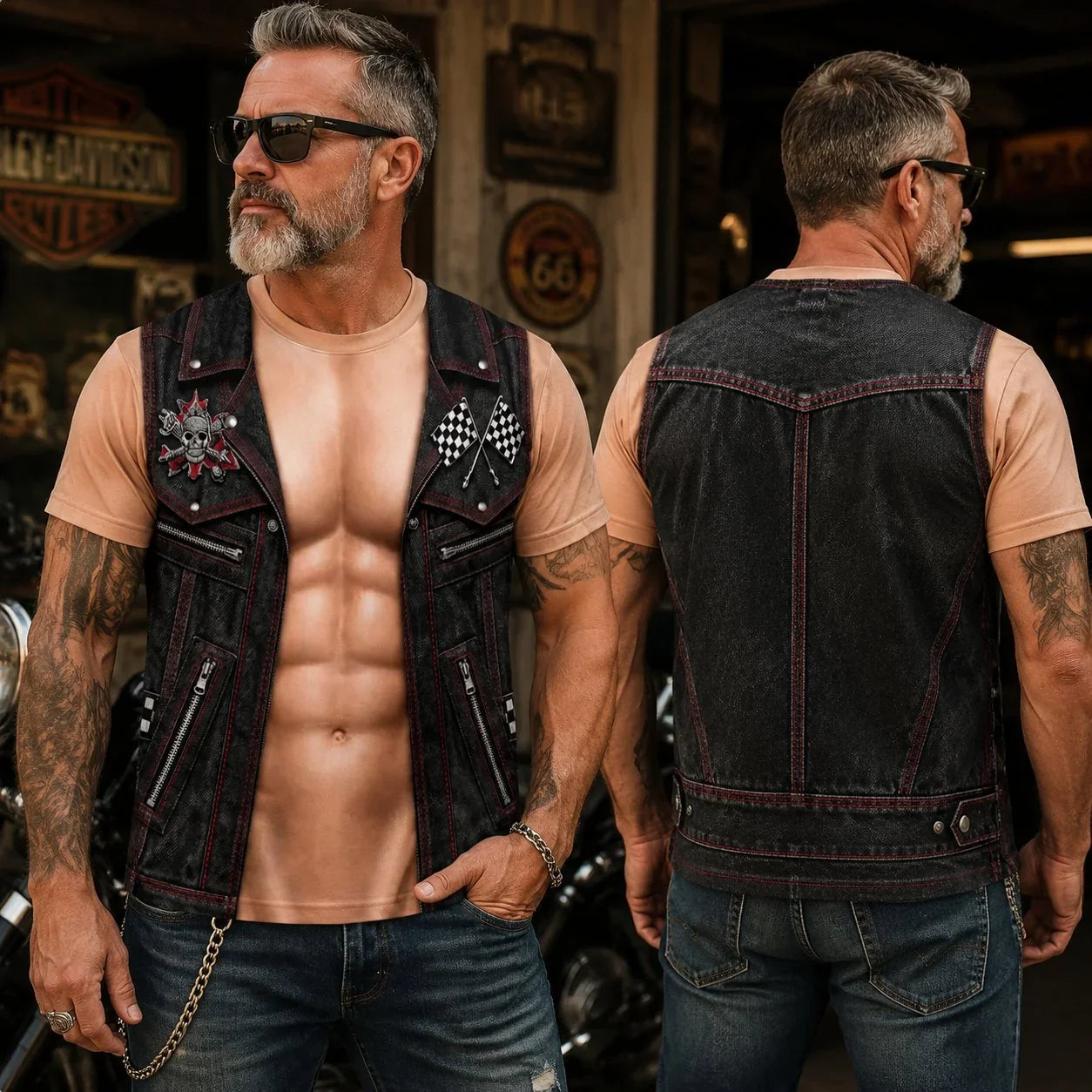Distinctive Personalized Six Pack ABS with Biker Vest Men Funny 3D