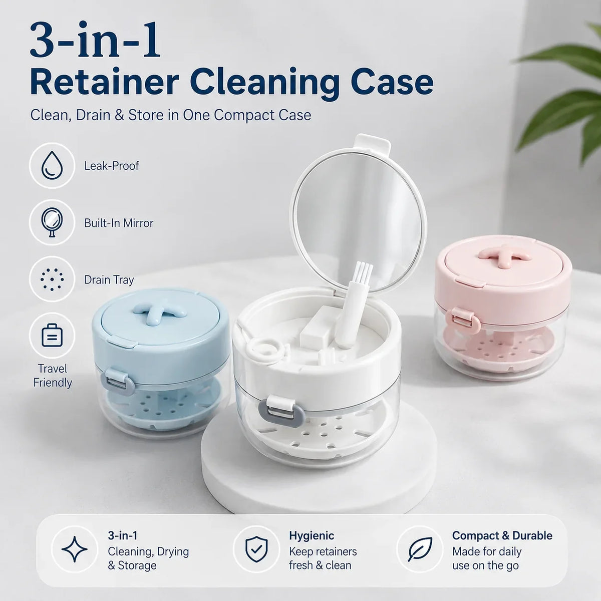 Space-Saving 3-in-1 Leak-Proof Retainer Cleaning Case with Mirror