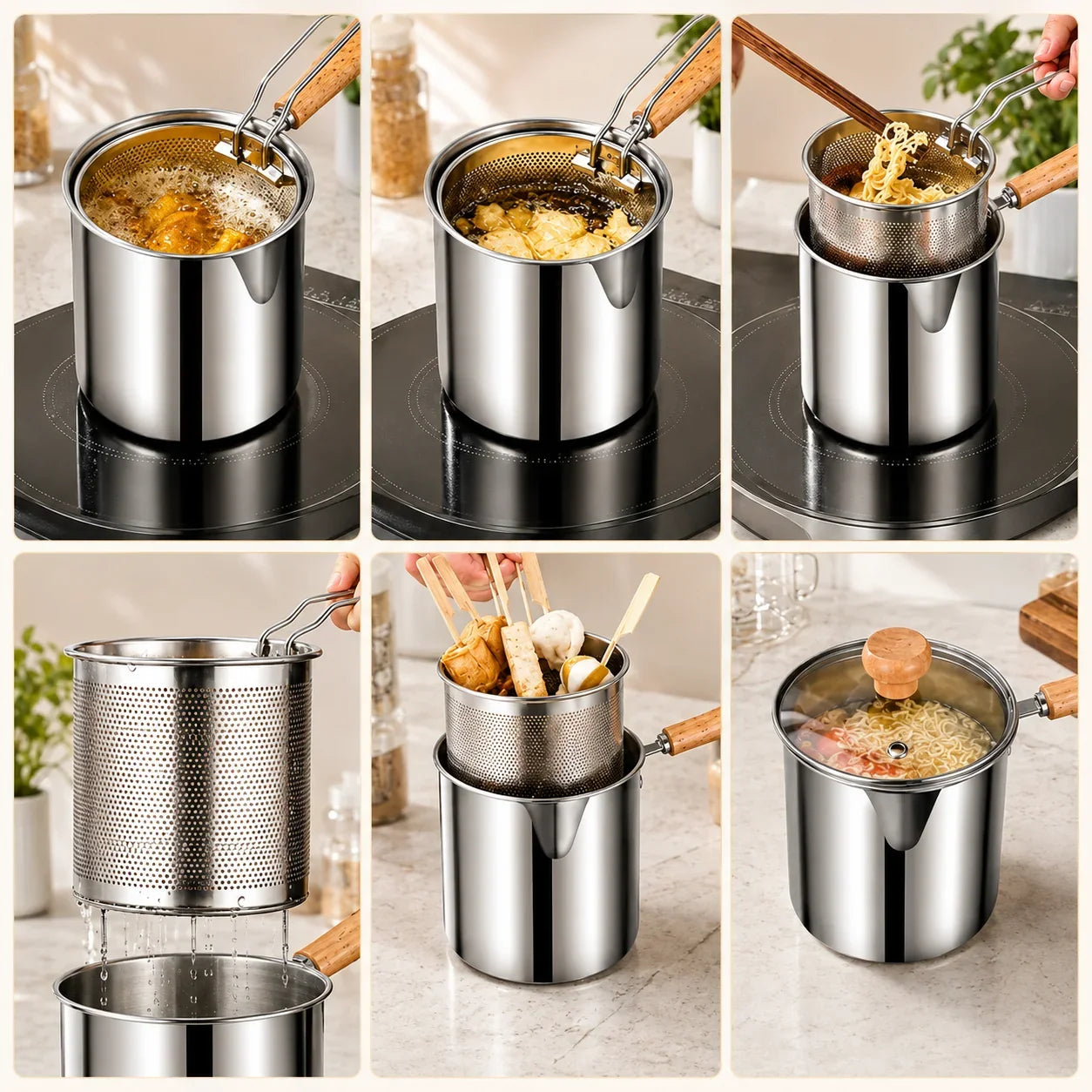 Personal Stainless Steel Mini Deep Fryer with Basket and Food Tongs