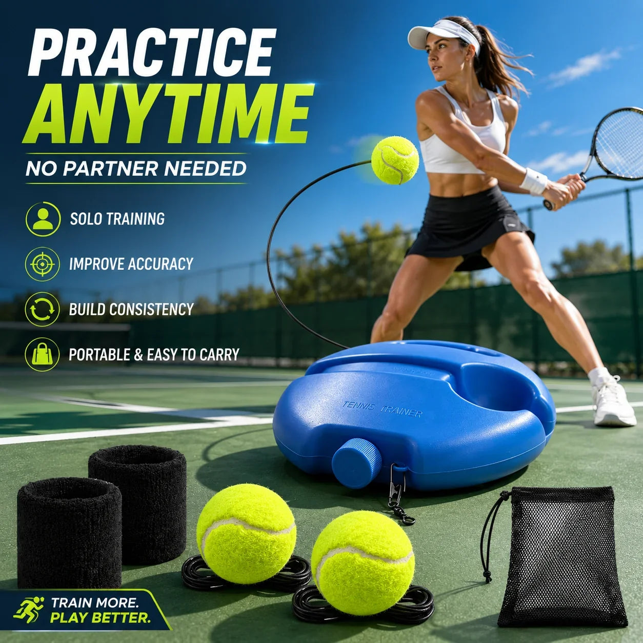 Purpose-Built Solo Tennis Trainer Rebound Set – Practice Anytime, No