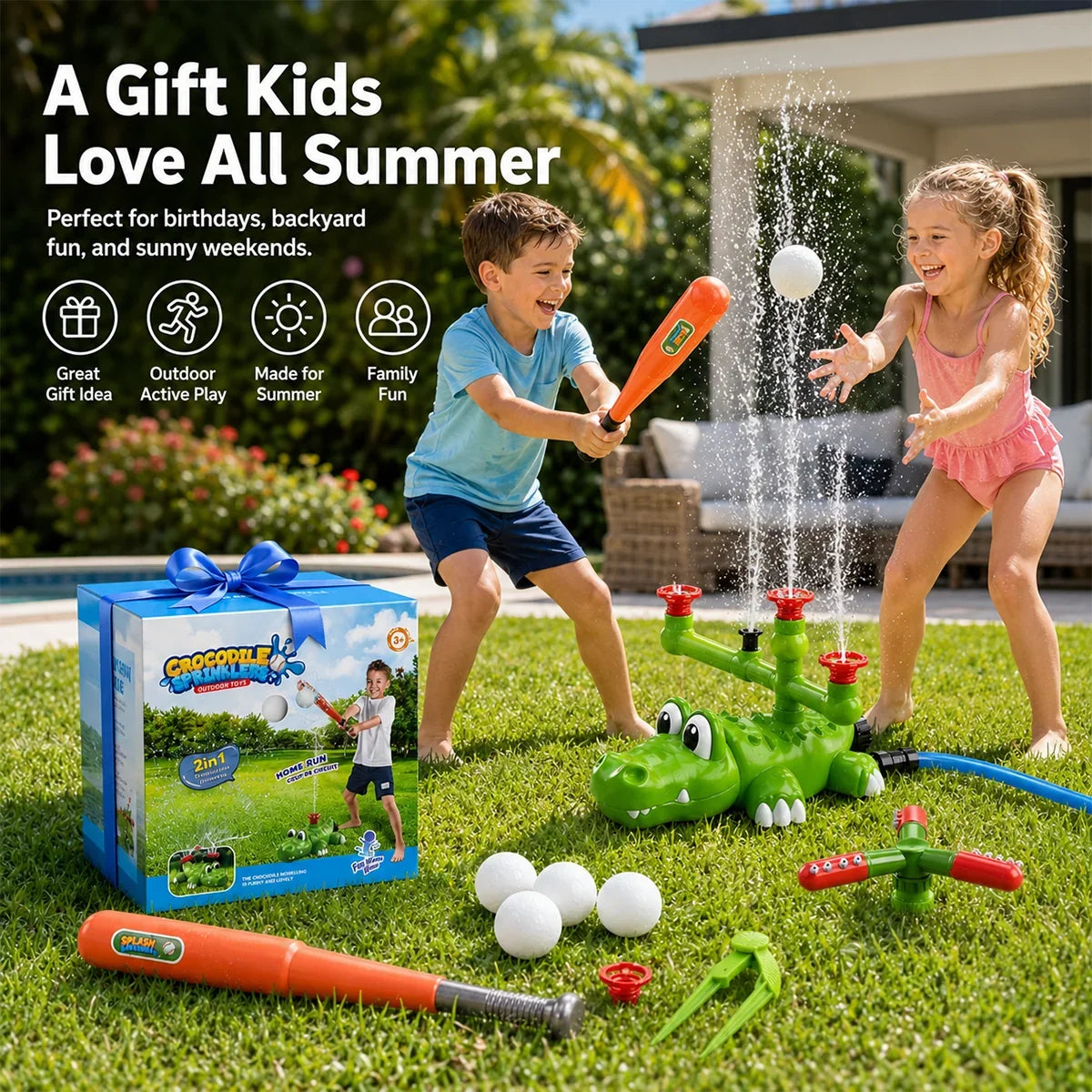 4-in-1 Crocodile Sprinkler and T-Ball Outdoor Play Set