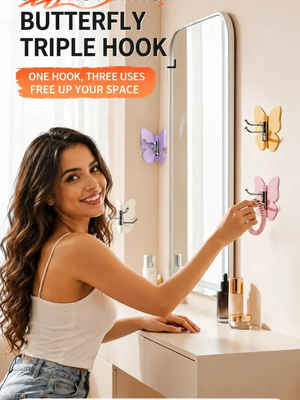 Space-Saving 4-Pack Rotating Butterfly Adhesive Wall Hooks – No-Drill