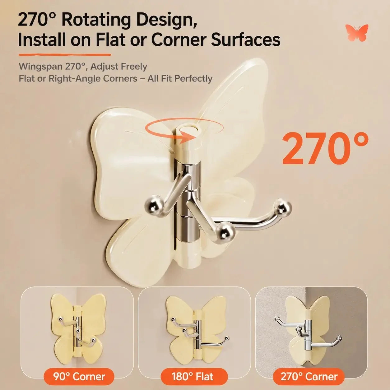 Space-Saving 4-Pack Rotating Butterfly Adhesive Wall Hooks – No-Drill