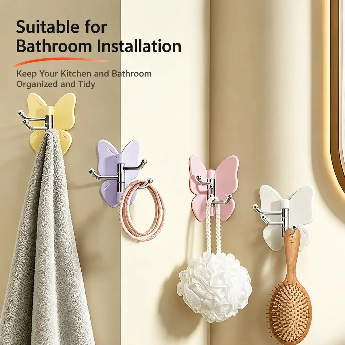 Space-Saving 4-Pack Rotating Butterfly Adhesive Wall Hooks – No-Drill