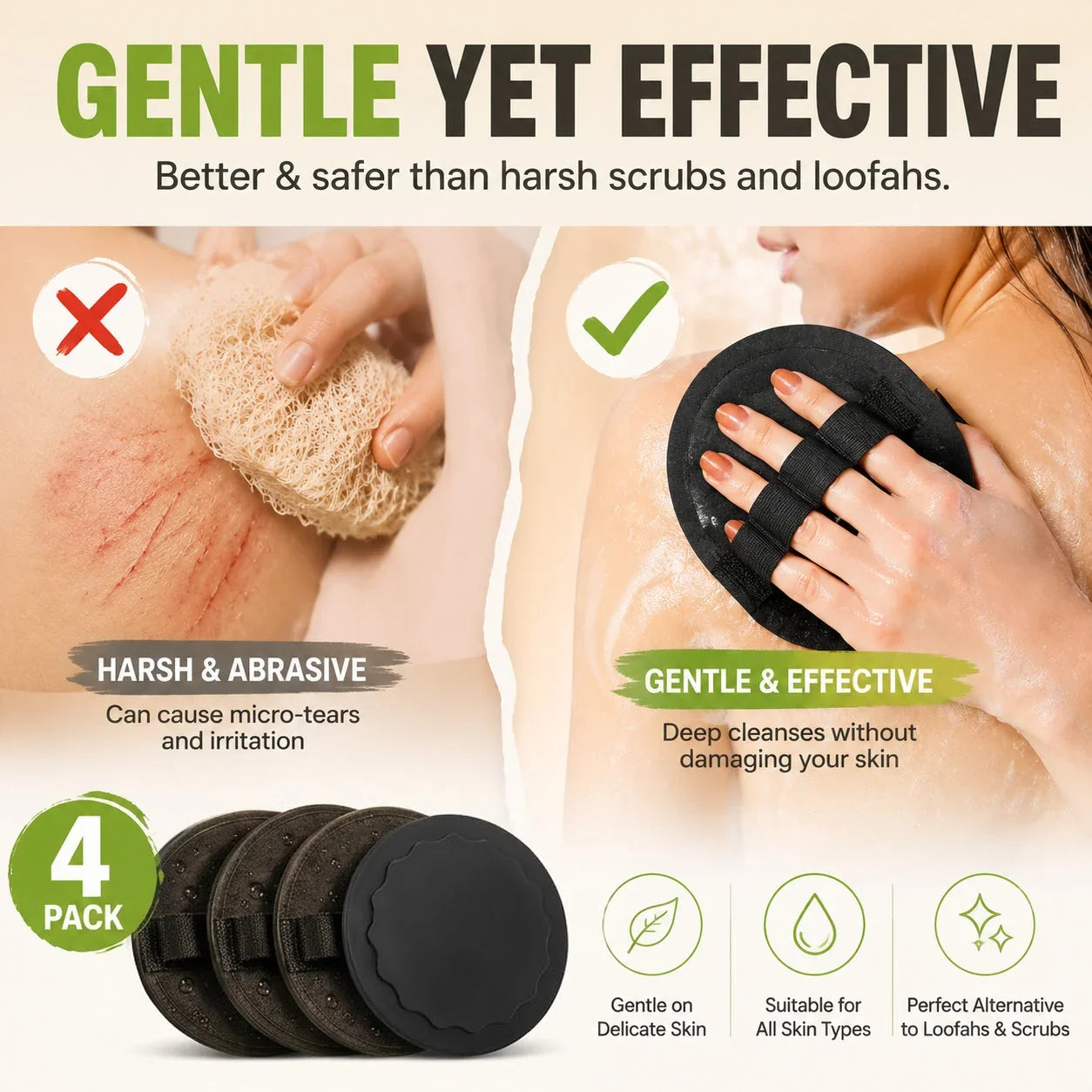 Easy-Care 4-PackSoft Rubber Shower Scrubber for Gentle Exfoliation &