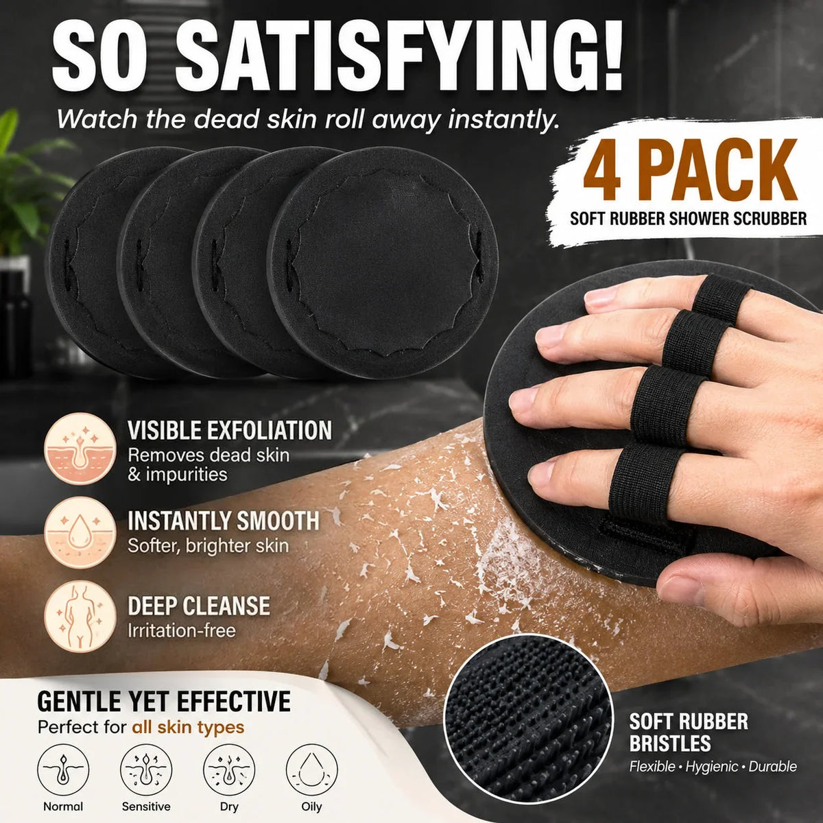 Easy-Care 4-PackSoft Rubber Shower Scrubber for Gentle Exfoliation &