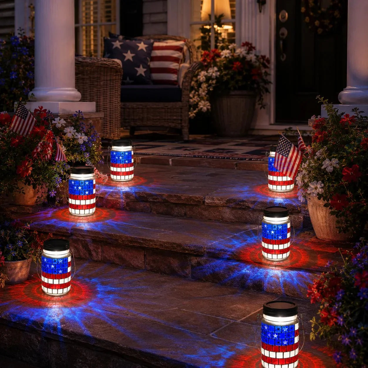 Solar Patriotic Mason Jar Lantern with Mosaic Projections