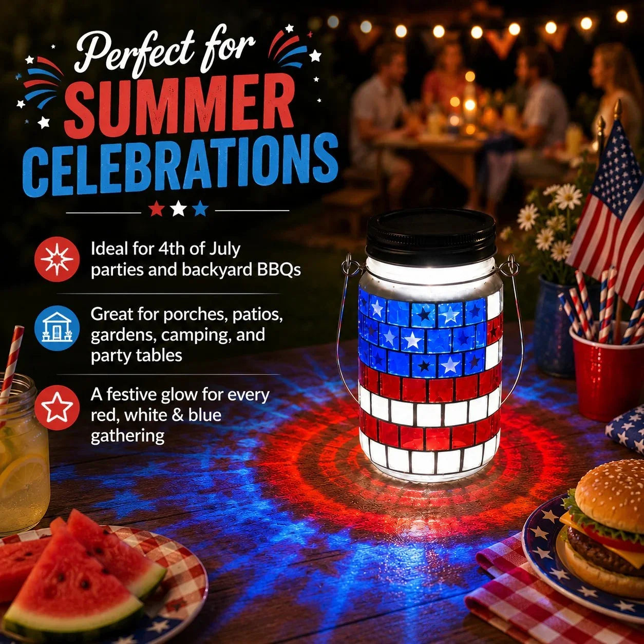 Solar Patriotic Mason Jar Lantern with Mosaic Projections