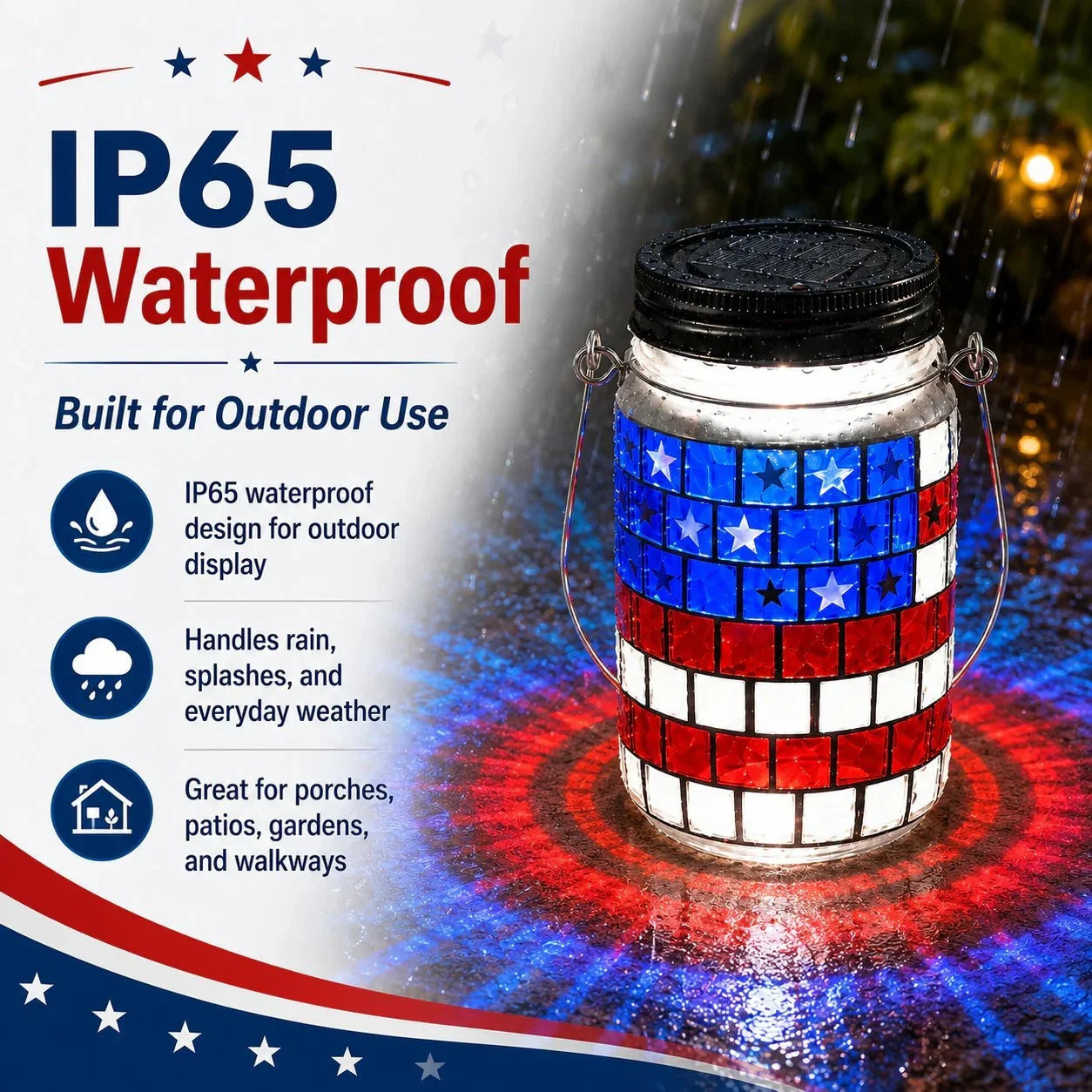 Solar Patriotic Mason Jar Lantern with Mosaic Projections