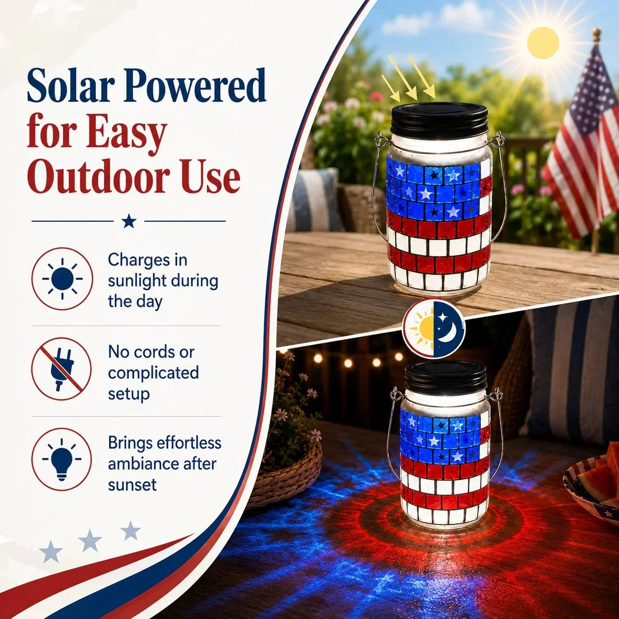 Solar Patriotic Mason Jar Lantern with Mosaic Projections