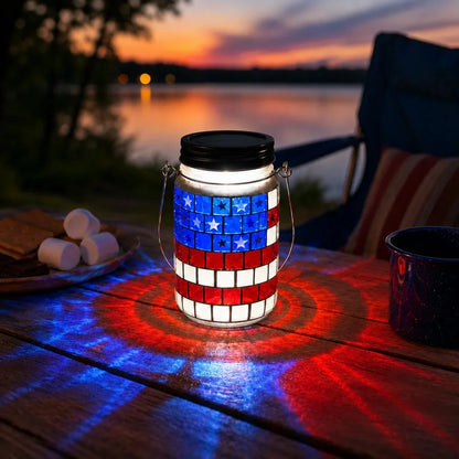 Solar Patriotic Mason Jar Lantern with Mosaic Projections